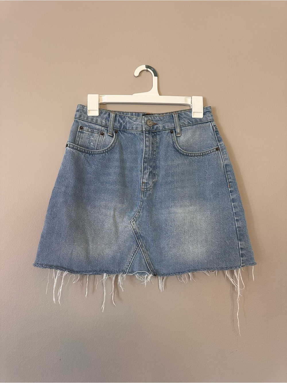 BDG Light Blue Denim Raw-Hem A-Line Mini Skirt